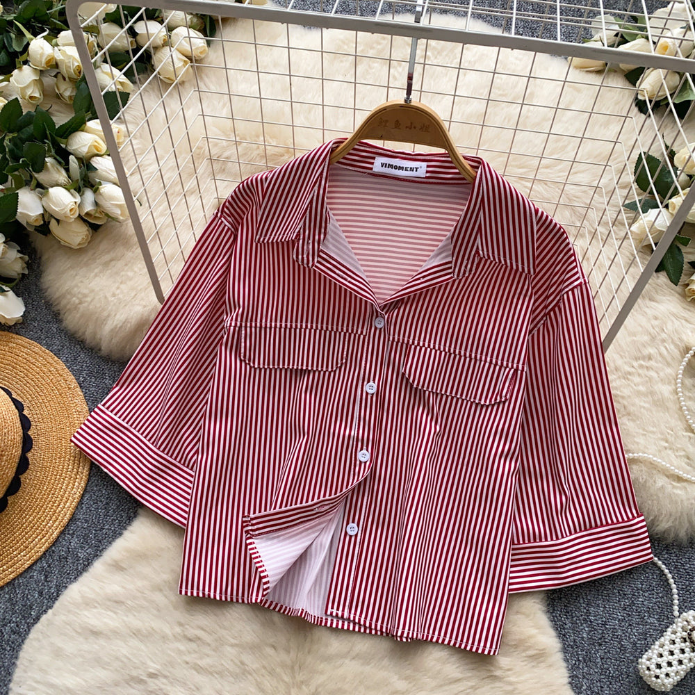 Korean style commute chic red and white striped breathable & skin-friendly shirt - women's summer short sleeve loose fit cardigan casual top