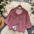 Korean style commute chic red and white striped breathable & skin-friendly shirt - women's summer short sleeve loose fit cardigan casual top