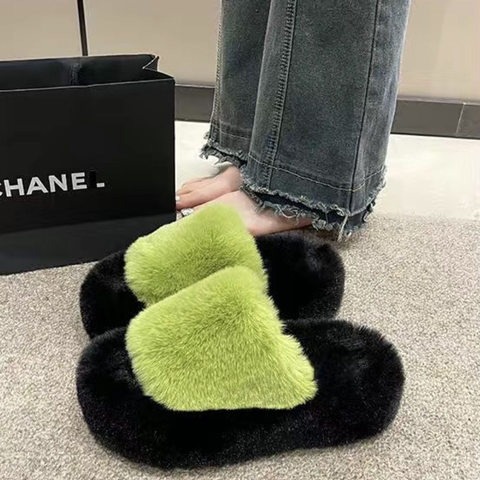 Furry slippers women's outwear 2024new arrivalfall and winterthick soleheight increasing one strap popularfashion cotton slippers