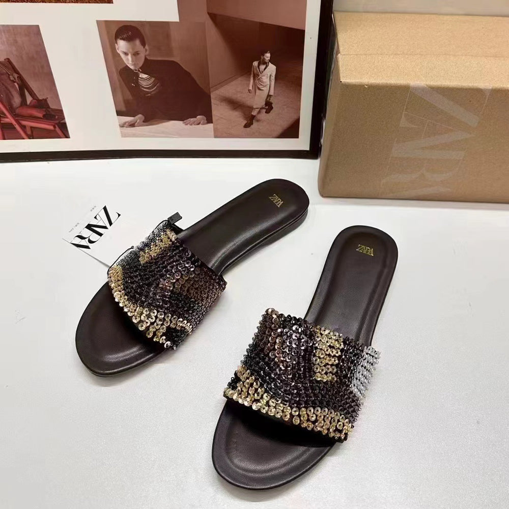 Za2024summer new women's shoes beaded flat bottom fashion sandals casualoutwear color matching one-line women's shoes
