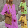 cross-border hot selling european and american v-neck tie-up loose minimalist short-sleeve dress - in stock