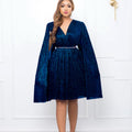 C8543 with belt   new v neck elegant long sleeves cloak waist dress foreign trade dress