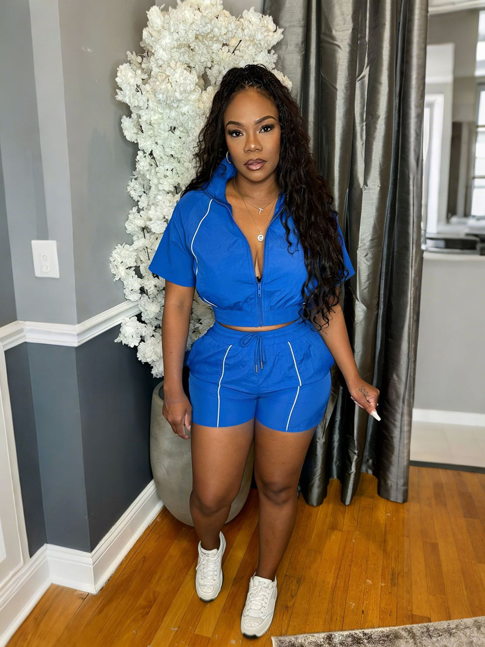 S391521 european and american fashion women's woven color block top and wide-leg elastic waist button-up sport shorts two-piece set