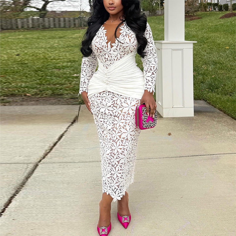 European and american women's clothing  autumn new collection: sweet and fresh lace v-neck long sleeve high-waisted bodycon maxi dress