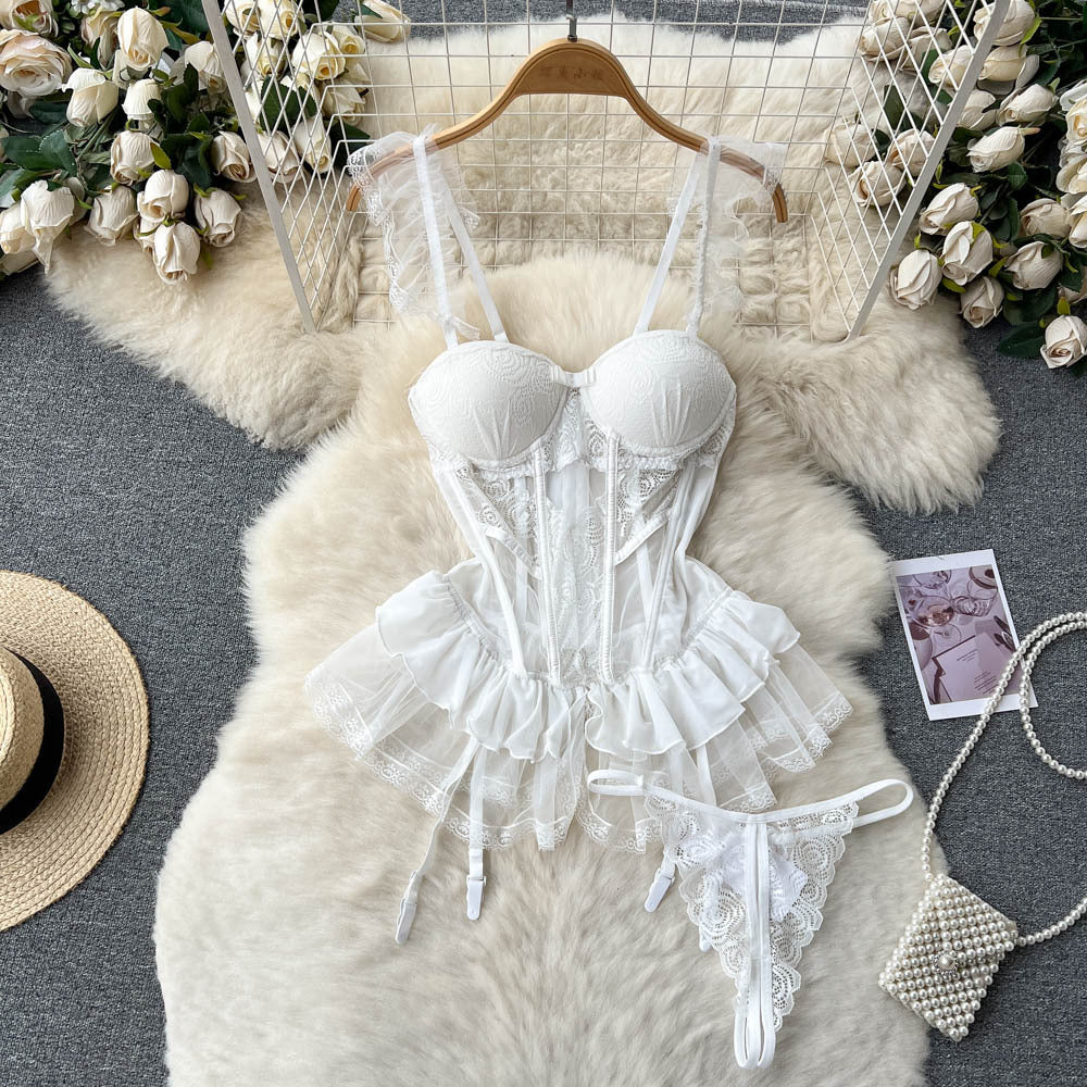 Summer sexy retro chic hot girl pure desire style lace mesh ruffle trim cinched waist bandeau slip dress