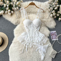 Summer sexy retro chic hot girl pure desire style lace mesh ruffle trim cinched waist bandeau slip dress