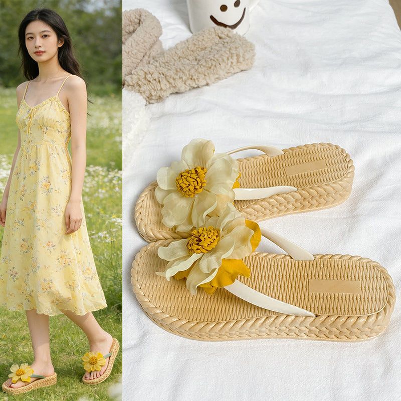 Sweet style chunky platform 4cm sunflower slides - women's summer beach sandals, anti-slip fashion slippers, soft sole shoes for students
