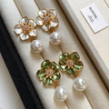 Vintage hong kong style french chic elegant white floral pearl earrings - 925 sterling silver posts - statement earrings