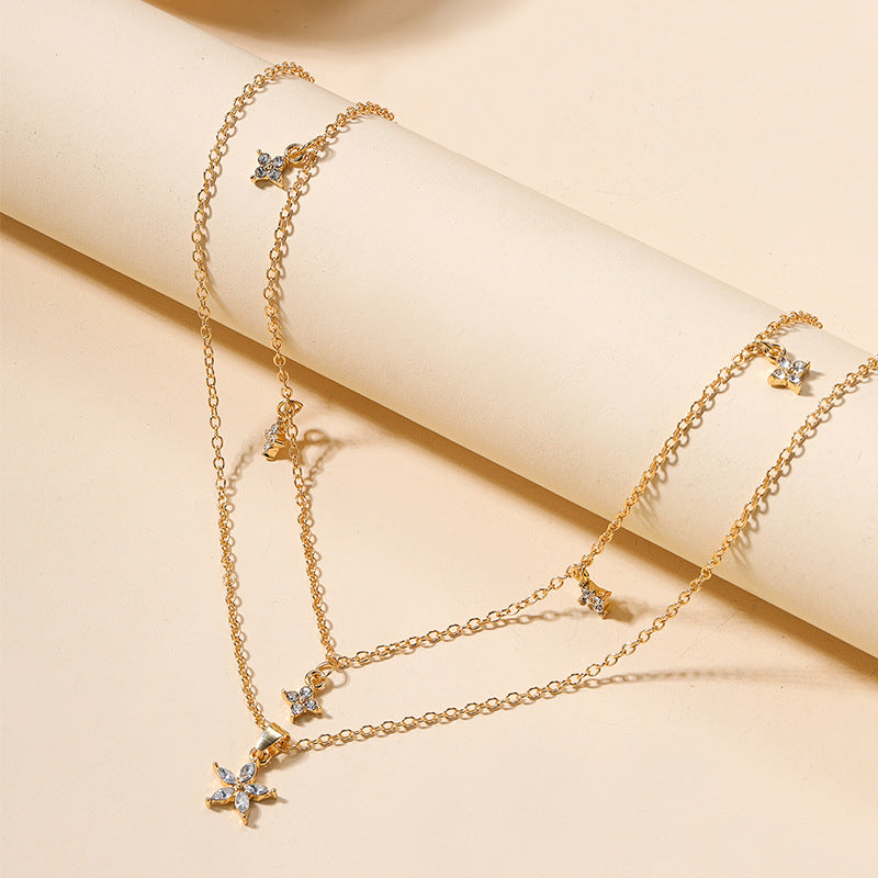 Wholesale alloy star necklace - new european and american minimalist jewelry, diamond-studded, unique floral multi-layered women's choker