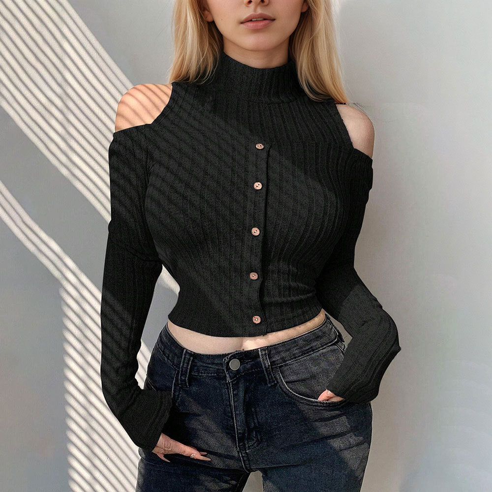 Shein Independent Station Cross-border Women's Clothing Korean Edition Trend T-Shirt Autumn and Winter Off-Shoulder Design Long Sleeve Short Bottom Top