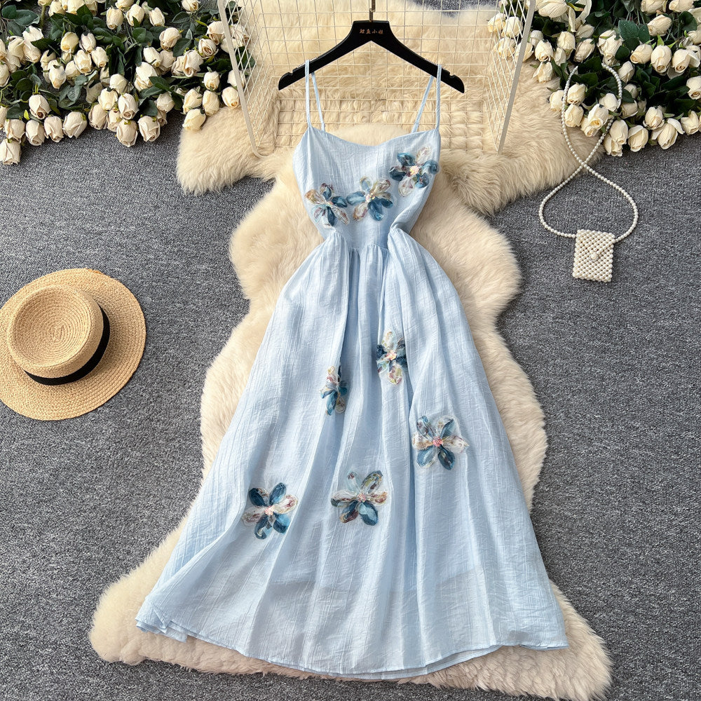 French riviera style sweet cami dress - women's designer dress with intricate 3d floral appliqués and cinched waist