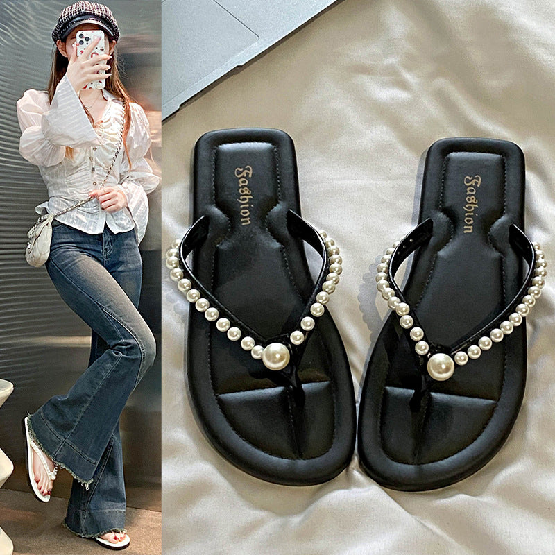 Summernew arrivalpure colorfashioneasiest for match pearl flip-flops women's sandals flats low heel classy women's shoes