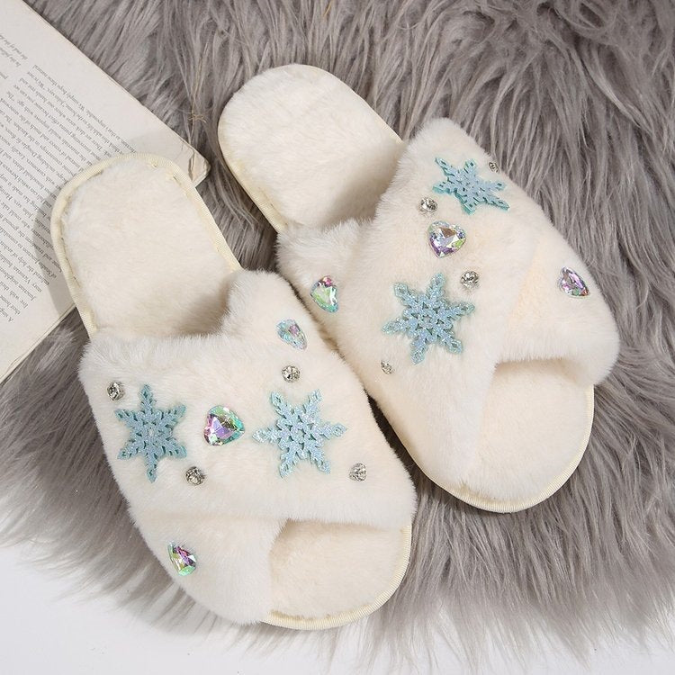 foreign trade large size open toe fur slippers bright diamond snowflake fur slippers open cross popular style home women's slippers