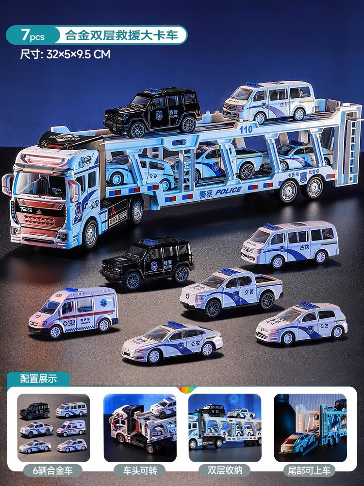 Kids' alloy toy car police car rescue truck large double-decker trailer car model for boys ages 3-6