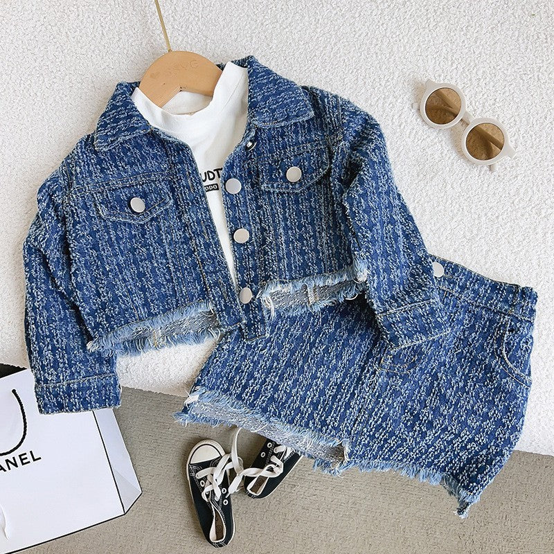 Baby girl spring/autumn preppy style long-sleeve casual outfit  girls' chanel-inspired denim jacket and mini skirt two-piece set