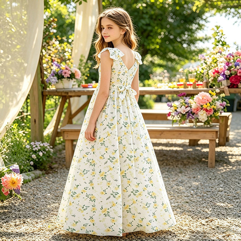 Wholesale foreign trade girls' chiffon dress - floral print, ditsy floral, maxi length, vacation style, formal dress