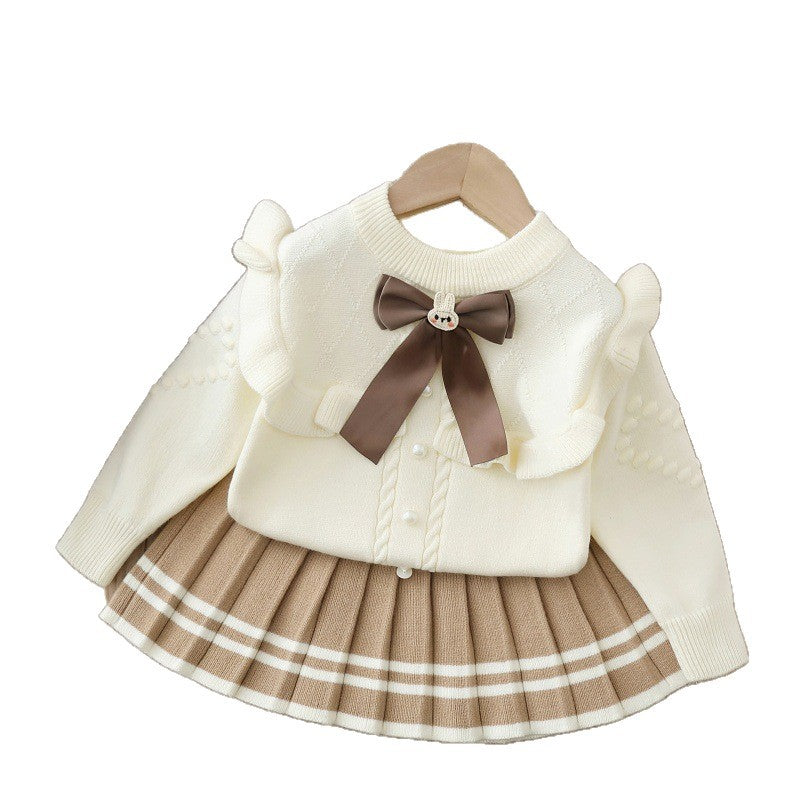 Girls' cardigan sweater two-piece set -  autumn collection - baby girl outerwear with cartoon bow detail - girls' outfit