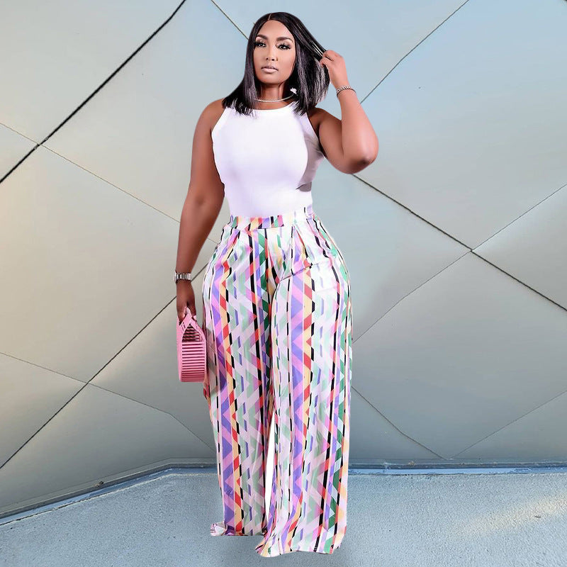 P5103 plus size women's casual wide-leg pants - elastic waist, letter & geometric floral print, cross-border fashion