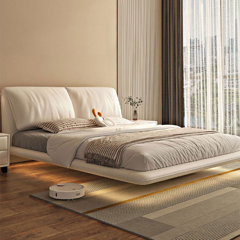 Italian minimalist floating bed - modern cream style with elephant ear design, suspended nappa leather double bed for master bedroom