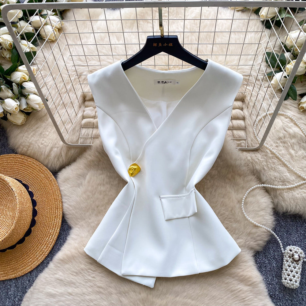 Korean style commute v-neck sleeveless vest top - women's summer slim fit, figure-flattering, elegant outerwear/inner layer top