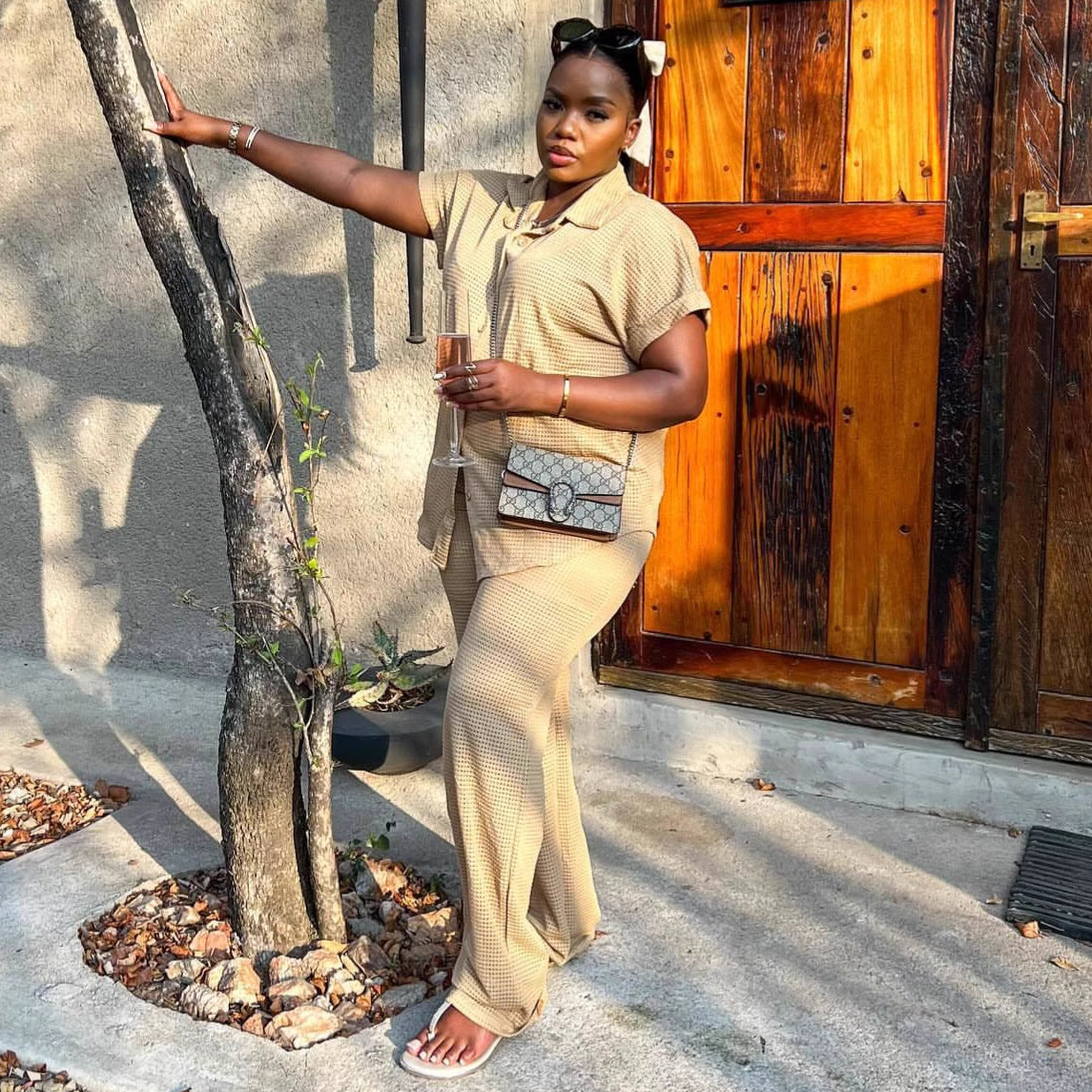 European and American large-size women's clothing solid color short-sleeved lapel cardigan shirt wide-leg trousers African foreign casual new suit