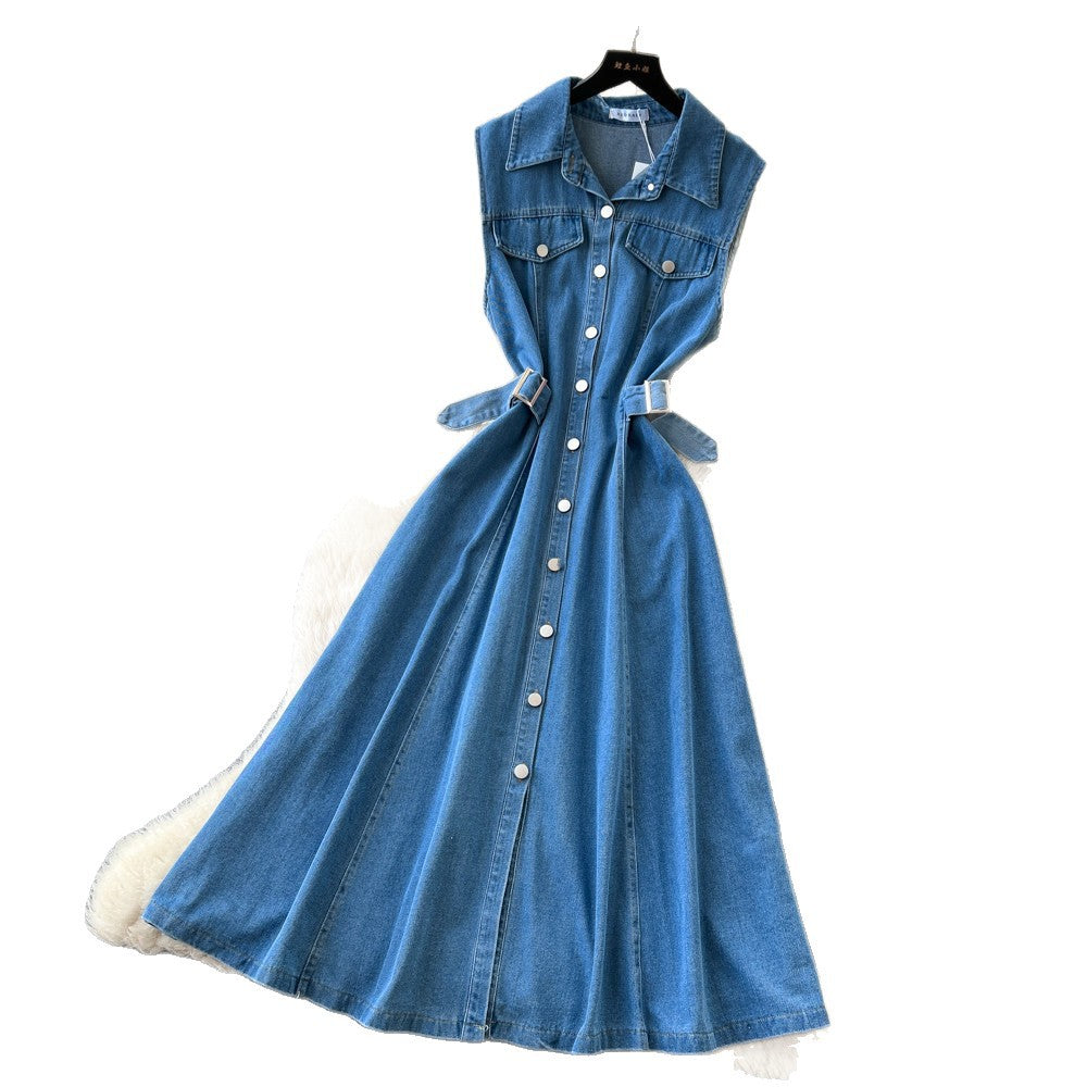 Korean style premium turn-down collar sleeveless single-breasted denim dress - women's summer slimming, figure-flattering, elegant maxi dress