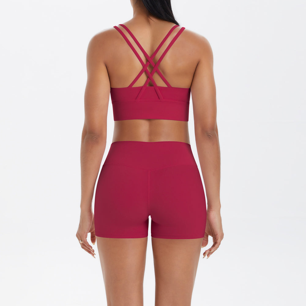 Fashion cross-border nude brushed cross back bra casual sports hip lifting shorts fitness yoga wear two-piece set