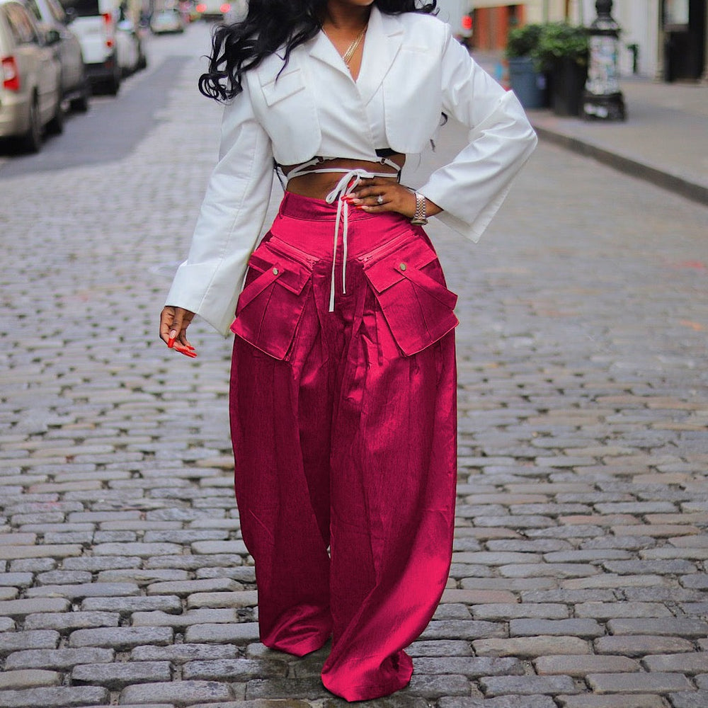 spring/summer new fashion women's casual wide-leg pants with detachable 3d pockets - instagram style
