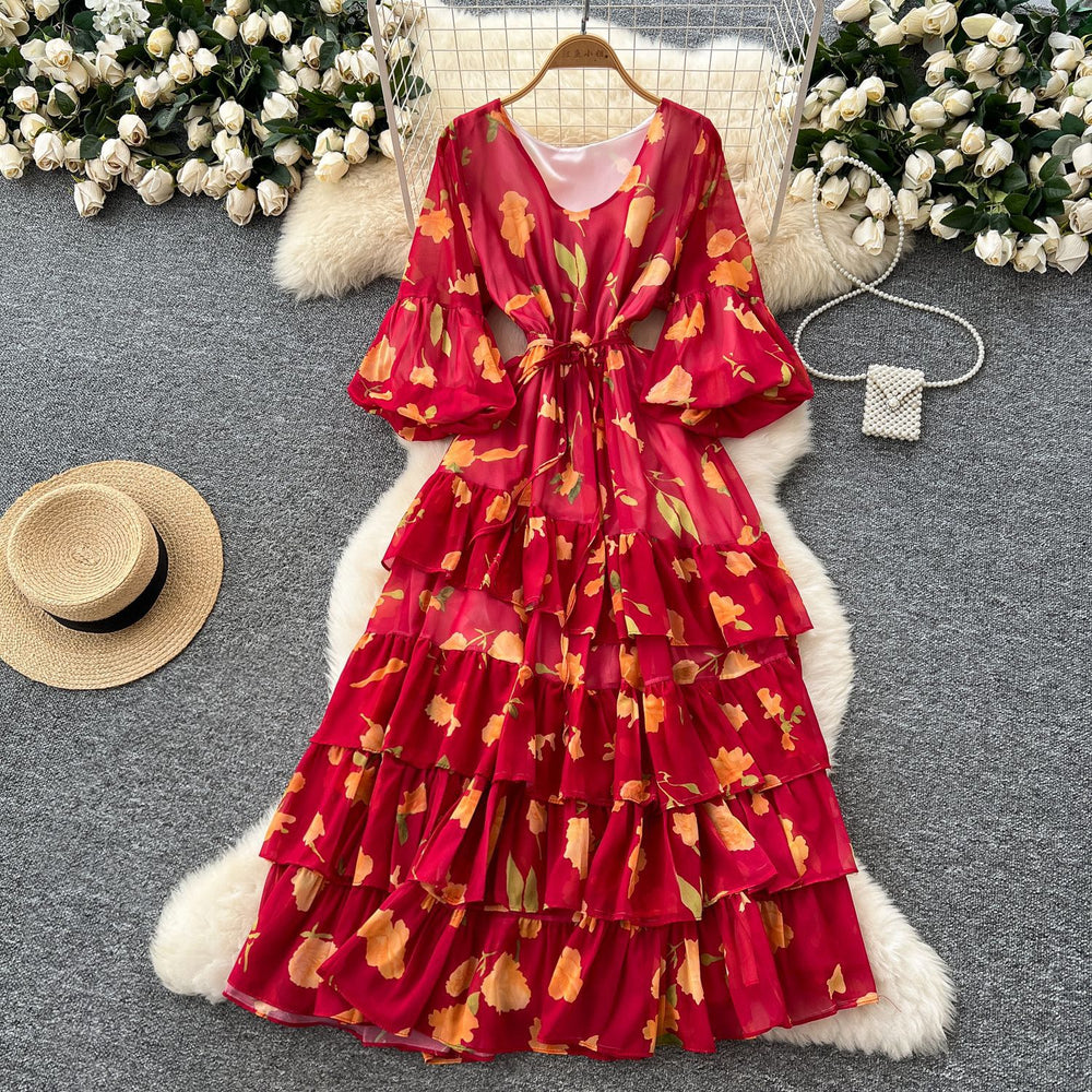 French round neck lantern sleeve drawstring waist printingdress women slimming lookeleganteleganceruffles chiffon long skirt