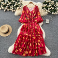 French round neck lantern sleeve drawstring waist printingdress women slimming lookeleganteleganceruffles chiffon long skirt