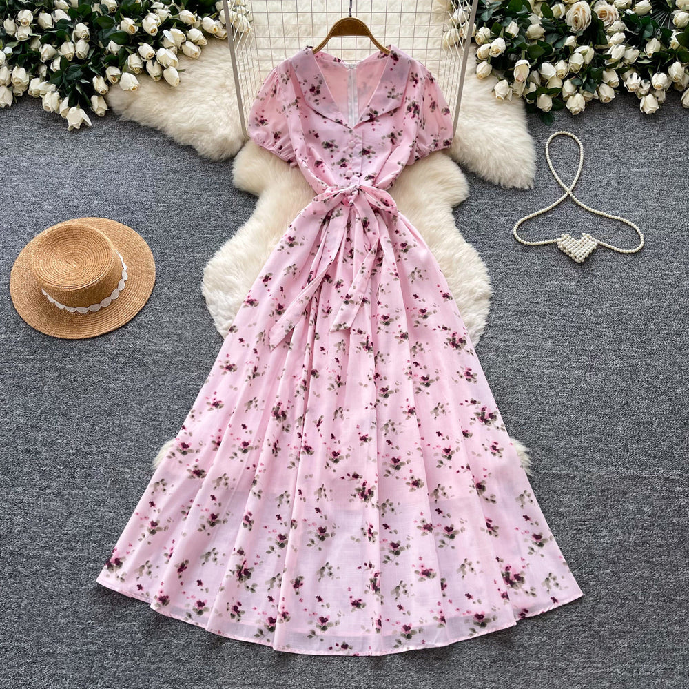 French floral v-neck ruched dress - women's summer short sleeve slim fit elegant vacation maxi dress