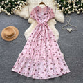French floral v-neck ruched dress - women's summer short sleeve slim fit elegant vacation maxi dress