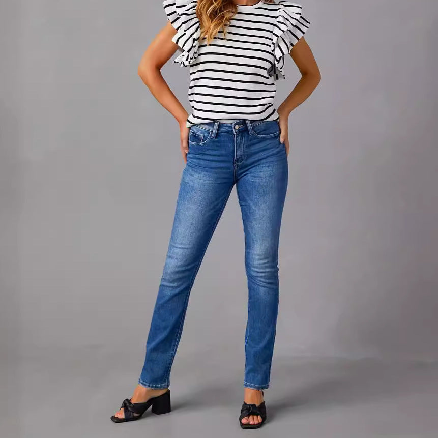 Independent station worn-out jeans for women new arrival  elegantwork clothingstraight-leg pants washed stretch jeans