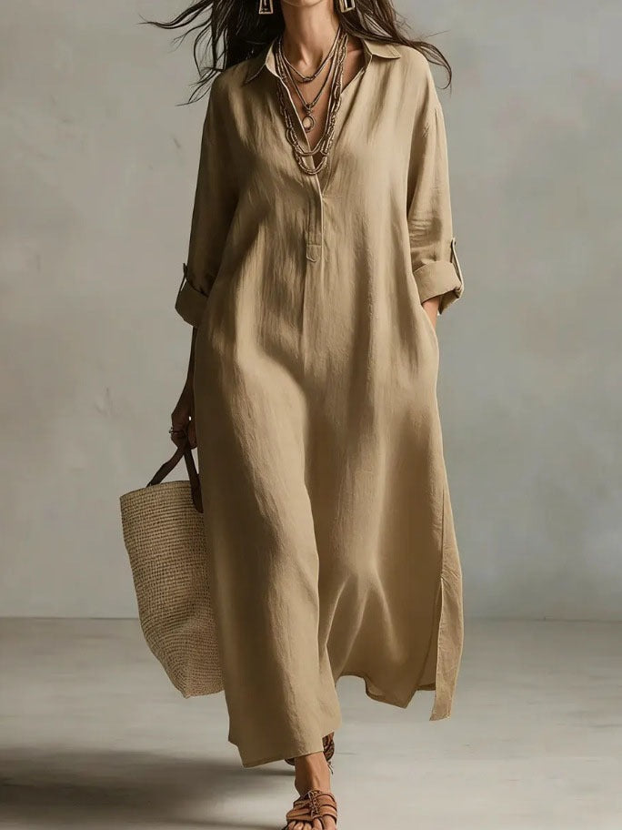 fashion spring and summer new arrivaldresspure color lapel casuallong sleevesshirt skirt lazy style cotton and linen