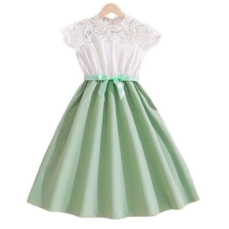 girls' summer dress : collared, ruffle-sleeve, cinched-waist, tie-waist, single-breasted, stylish children's dress - wholesale supply