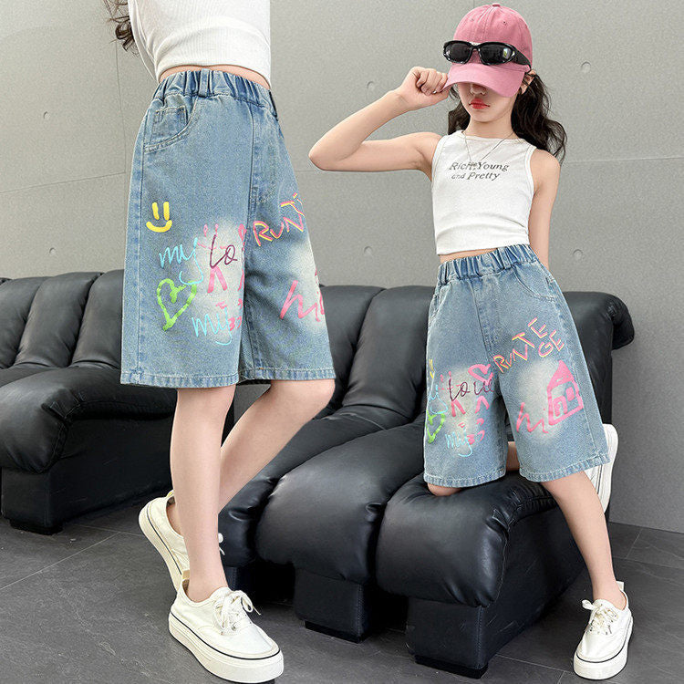 Girl denim shortssummer thin style  summer new style kidshalf length pantschildren's wide leg pants medium pants trendy