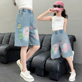 Girl denim shortssummer thin style  summer new style kidshalf length pantschildren's wide leg pants medium pants trendy