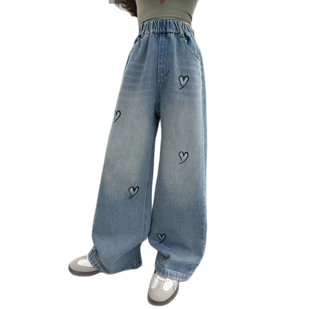 Girls' heart-shaped rhinestone embellished denim jeans,  spring collection, big & tall kids' loose fit straight leg high-waisted long pants, children's jeans
