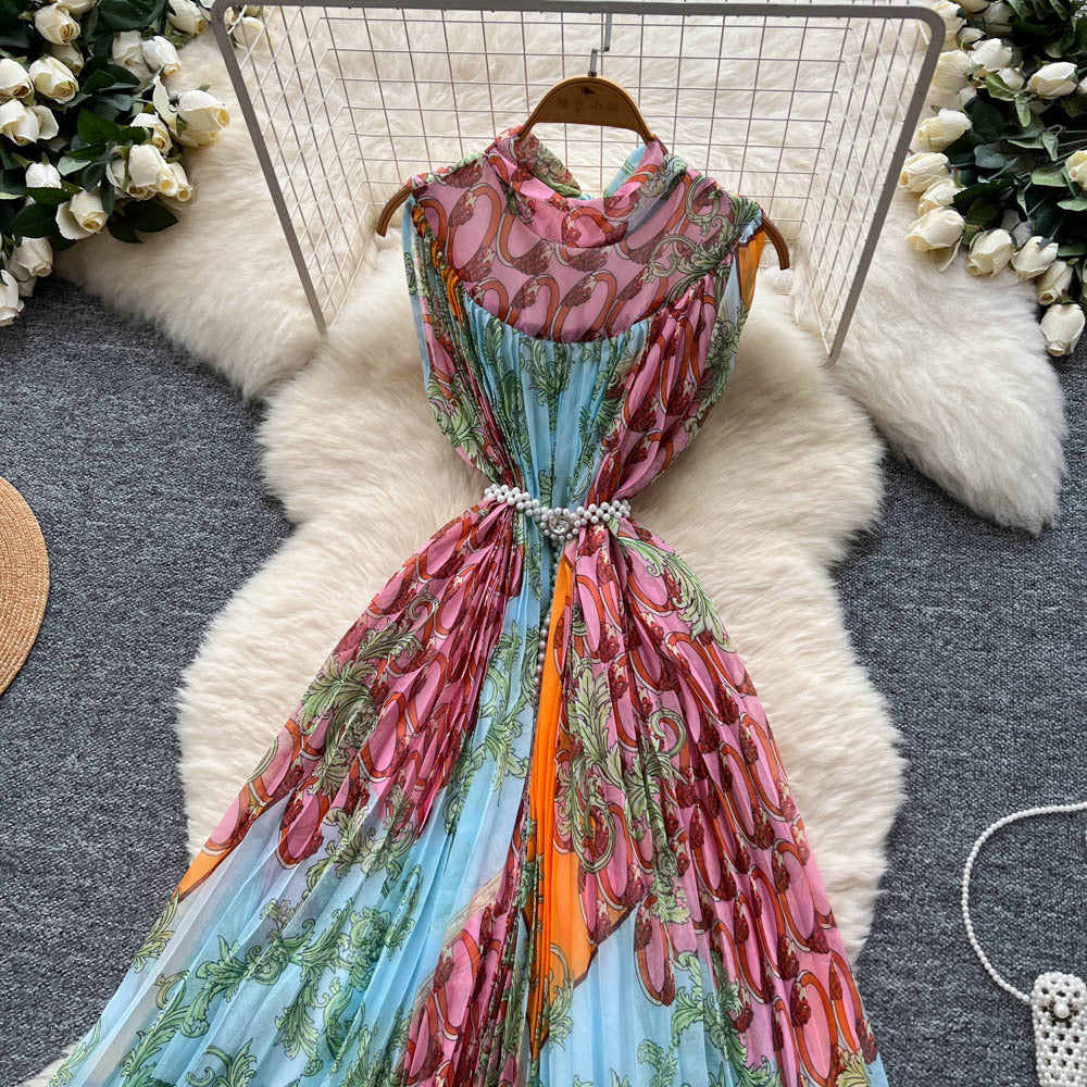 Fashionfashionablepositionprintingdress women's  summer lazy loose strap waist elegant pleated long skirt