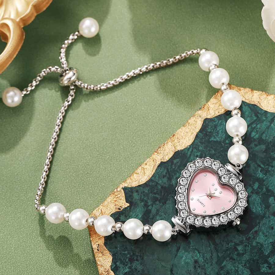 New arrivalfashionelegant small rhinestone women's watch heart diamond-encrusted preppy style small dial pearl bracelet watch