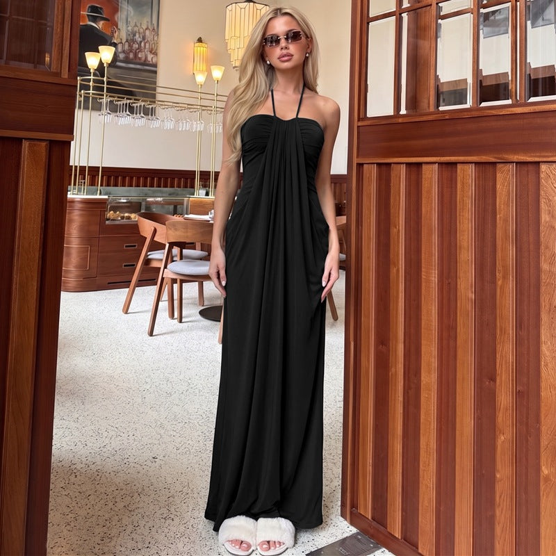 European and american cross-border women's fashion:  summer new arrivals - stylish vacation-inspired solid color halter neck tie-back backless dress wholesale