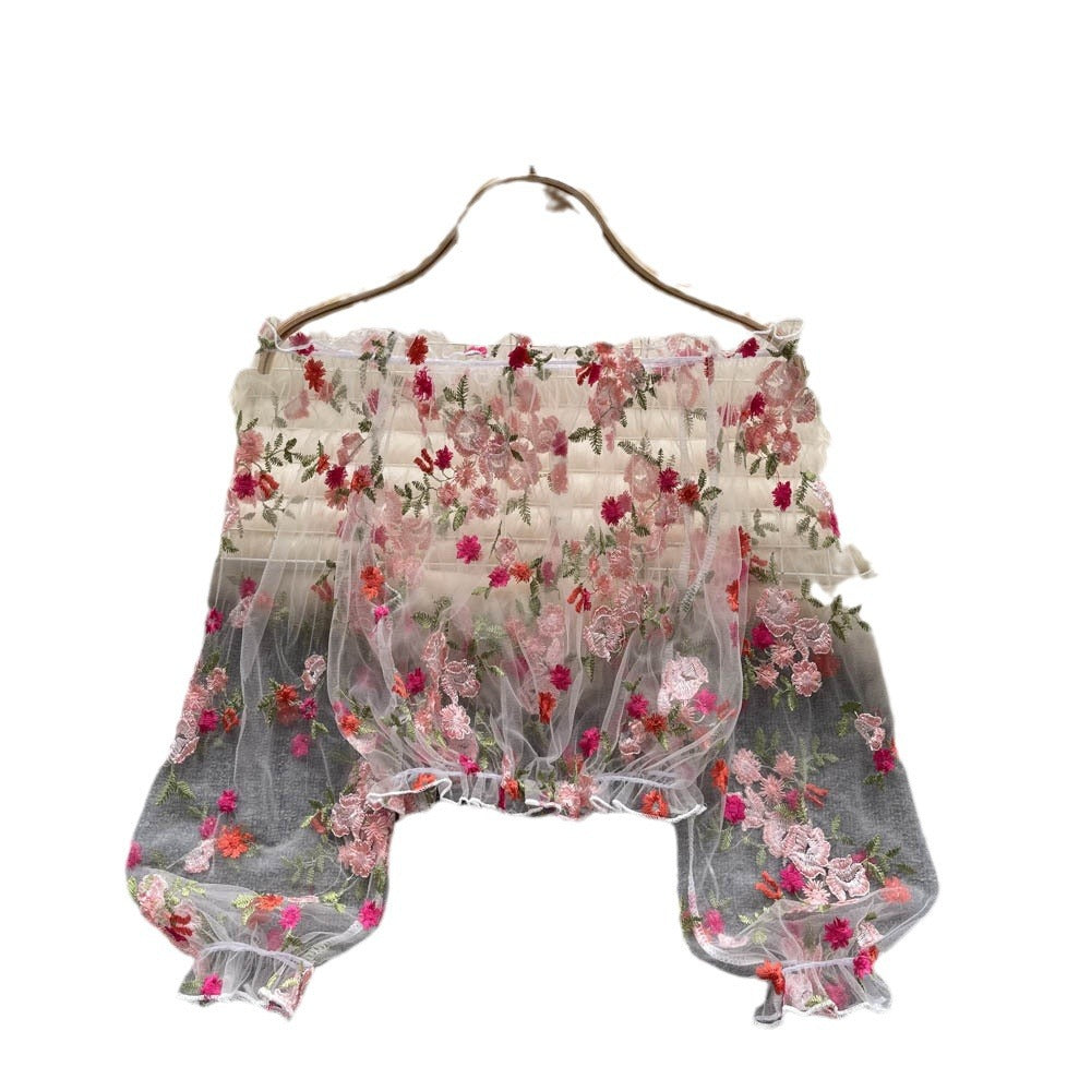 One shoulder mesh embroider see-through shirt for women summerloose outer wear puff sleeve short blouse long sleeves lace shirt