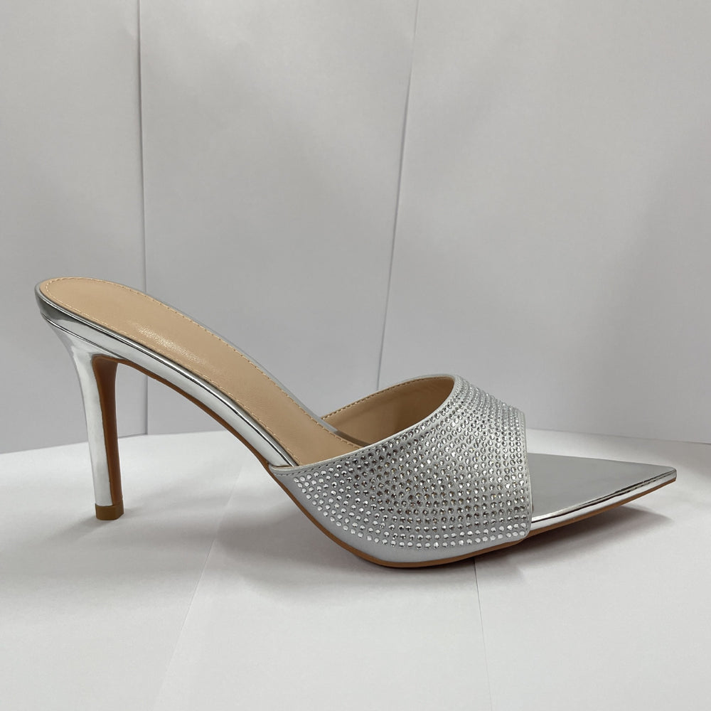 Summer women's stunning rhinestone stiletto heel mules - perfect with dresses, pointed-toe single strap high heels, sexy and comfortable for all-day wear