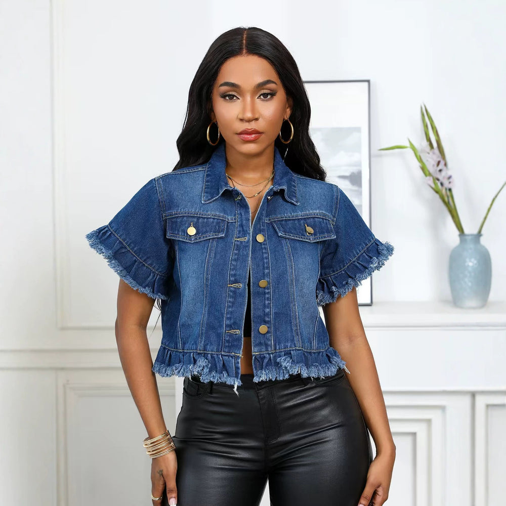 Amazon  cross-border fashion trendy turn-down collar washed fringe denim jacket shirt for summer (us/eu)