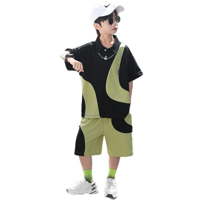 Boys' summer color block polo shirt set - new  collection - trendy two-piece outfit for mid-to-large children, featuring shorts