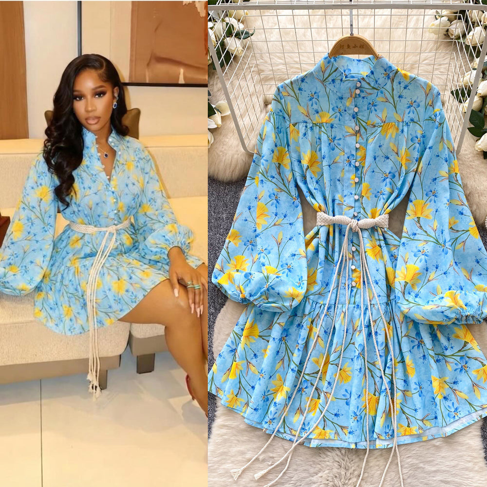 Frenchretro blue long sleeves floral dress female k-style stand collar tie back waist slimming look a-line skirt lady style