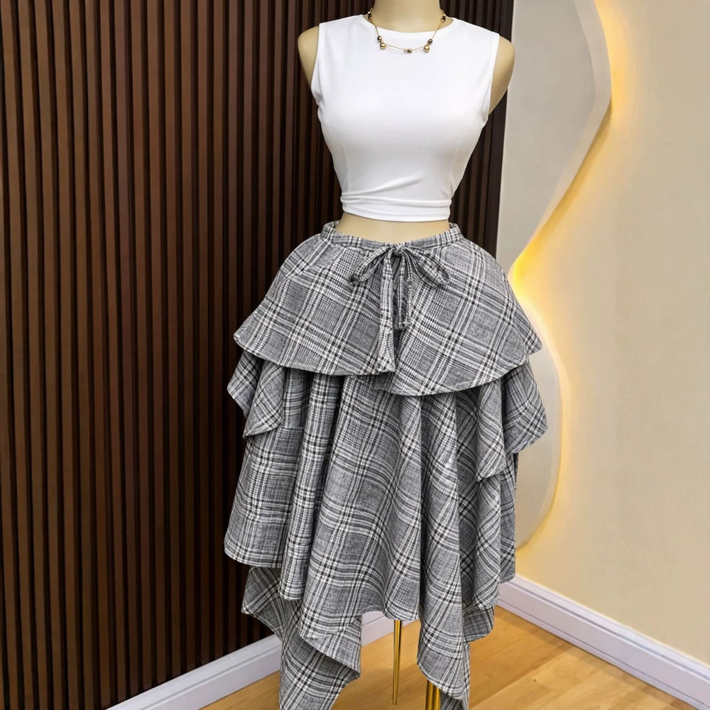 European and american cross-border women's fashion:  summer new arrival - high-waisted tie-waist plaid asymmetrical midi a-line skirt