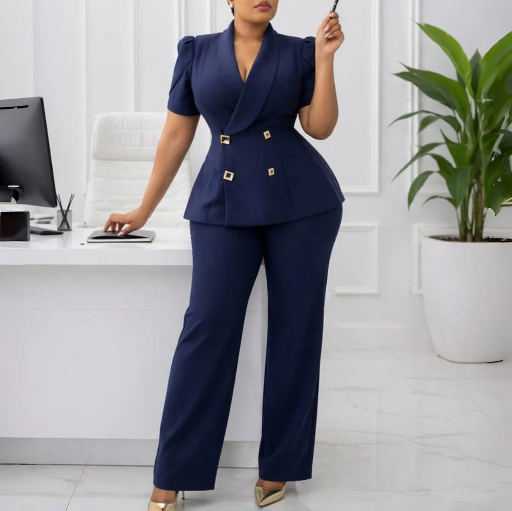 D634exportfashion cross-border  new short-sleeved lapel double-breasted tops high waistloose pantsexportsuit