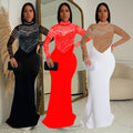 C7043 cross-border   independent station fashionfashion women's solid color hot diamond longdress new