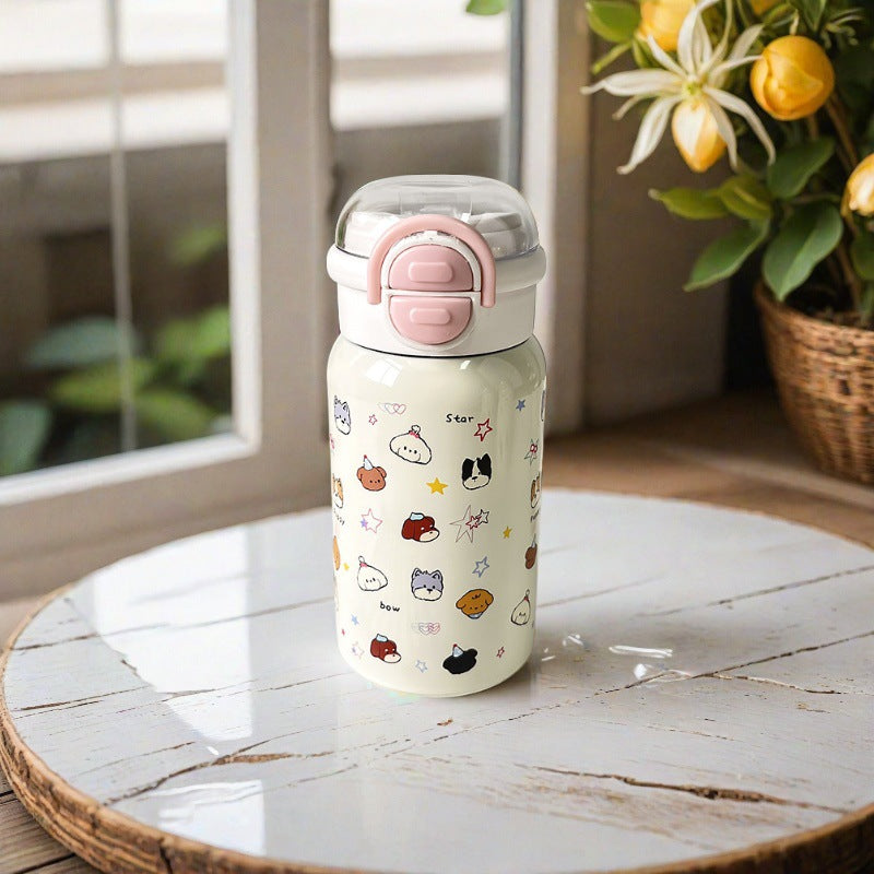 Customizable dog-themed minimalist kids' insulated water bottle - 316 stainless steel, cute straw cup for girls, high-value double-drink student bottle